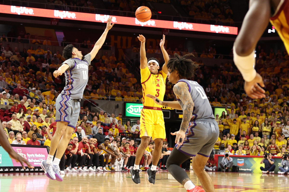 Feb 10, 2024; Ames, Iowa, USA; Iowa State Cyclones guard Tamin Lipsey (3) shoots over TCU Horned Frogs guard Trevian Tennyson (11) during the first half at James H. Hilton Coliseum. Mandatory Credit: Reese Strickland-USA TODAY Sports  
